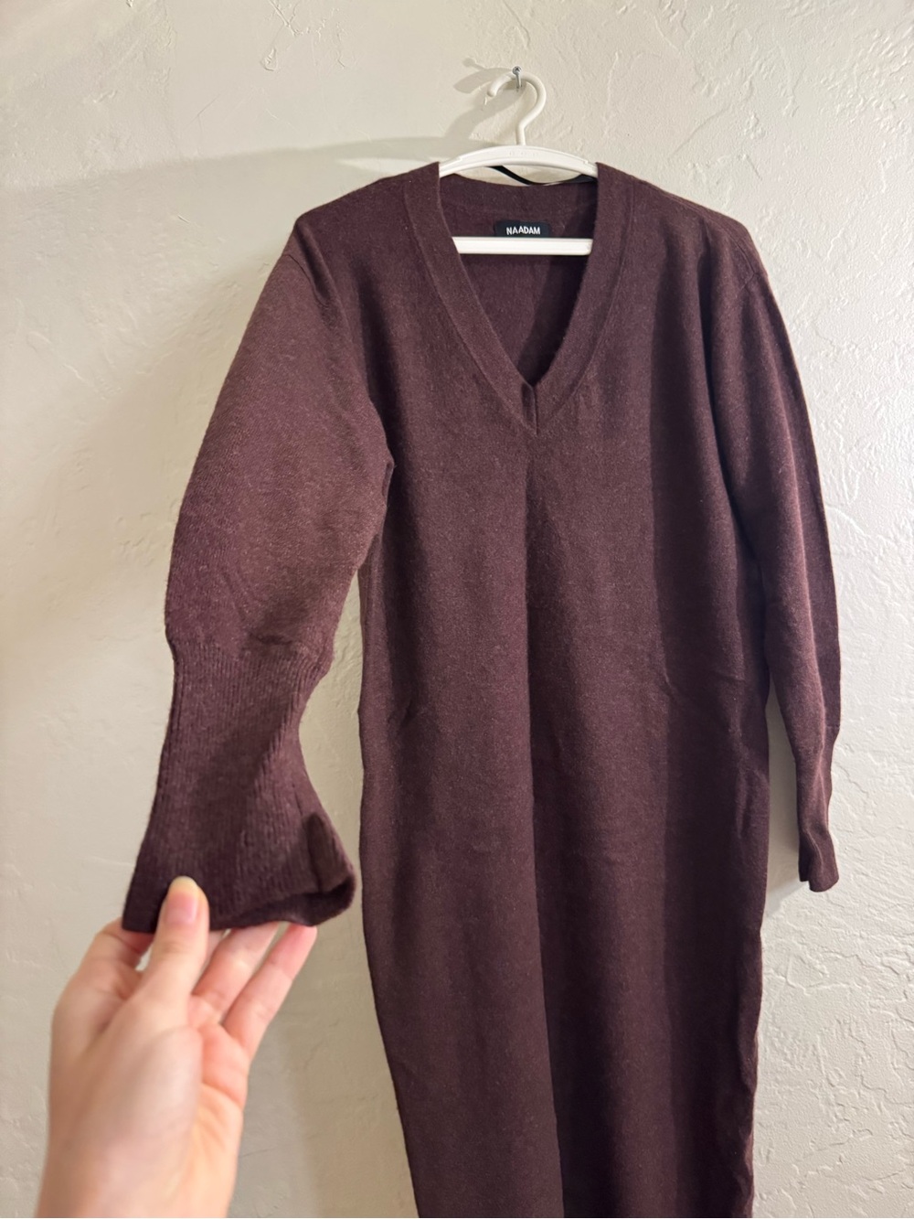 NAADAM Chocolate Brown Long Sleeve V-Neck Knit Dress